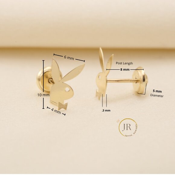 14K Solid Gold Playboy Bunny Silhouette Stud Earrings - Picture 6 of 7